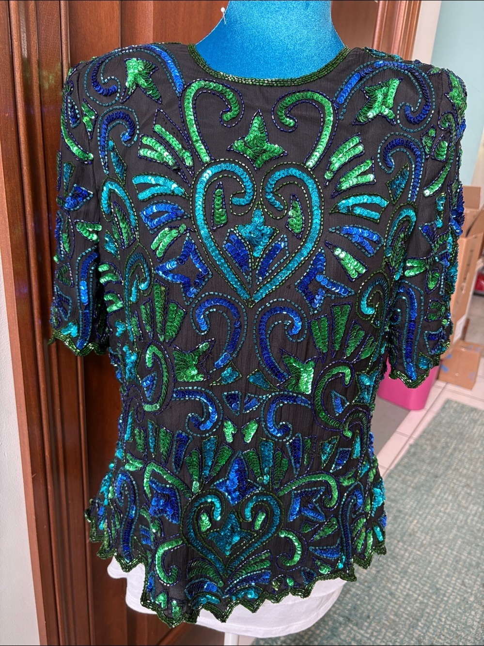 Elegant Wear 100% Silk top with Blue,aqua & green Sequins  short sleeve crewneck